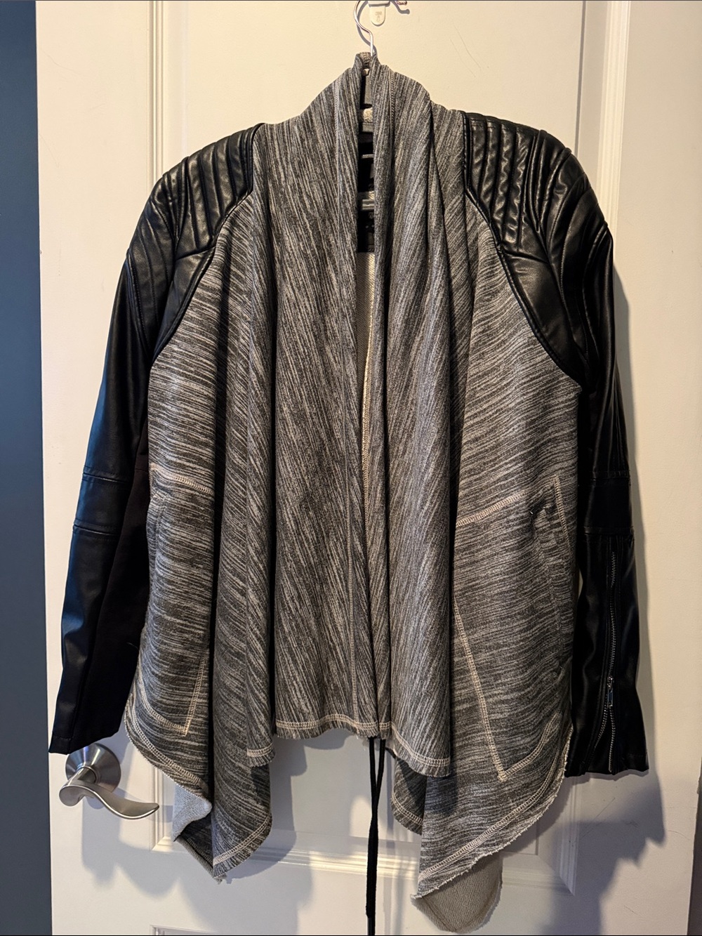 Blank NYC Gray Knit Draped Jacket with Black Faux Leather Sleeves